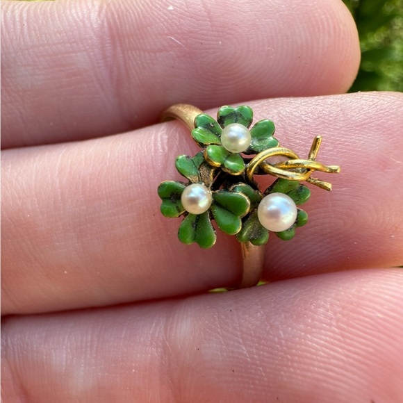 Rare!! Antique solid 10k  pin conversion  4 leaf clover genuine seed pearl ring - Picture 11 of 16